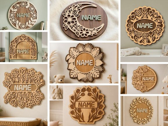 Easy Laser Cut Wood Projects To Sell On Etsy 24 Collection of personalized laser cut wood name signs featuring floral and decorative designs.