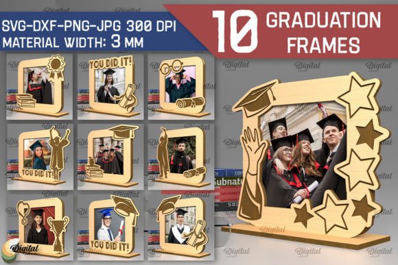 99+ Laser Cut Wood Projects To Sell From Home 275 Set of 10 laser cut graduation photo frames featuring various designs and congratulatory messages.