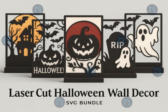 99+ Laser Cut Wood Projects To Sell From Home 424 Laser cut Halloween wall decor featuring a haunted house, pumpkin, ghosts, and Halloween text.