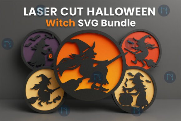 99+ Laser Cut Wood Projects To Sell From Home 423 Laser cut Halloween witch designs in various colors, showcasing intricate details for crafting.