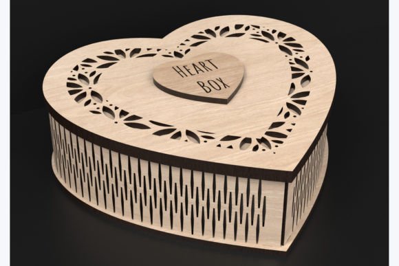 99+ Laser Cut Wood Projects To Sell From Home 474 Laser cut wooden heart-shaped box with intricate floral design and a lid labeled 'HEART BOX'.
