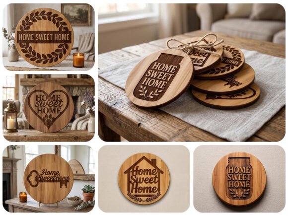 99+ Laser Cut Wood Projects To Sell From Home 33 Laser cut wooden signs with 'Home Sweet Home' designs displayed on a table.
