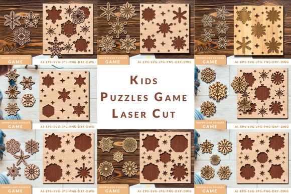99+ Laser Cut Wood Projects To Sell From Home 304 Laser cut wooden puzzles featuring various snowflake designs for kids' games.