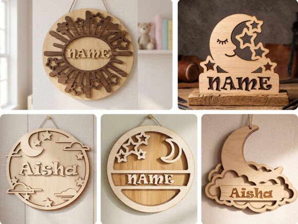 Easy Laser Cut Wood Projects To Sell On Etsy 28 Various personalized laser cut wood name signs featuring stars and moon designs.