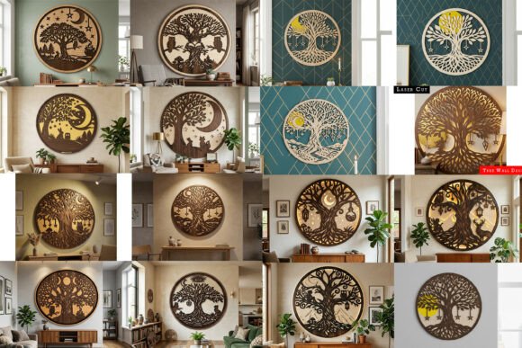15 Laser Cut Wall Art Files for Wood and Acrylic 3 Various laser cut wall art designs featuring moon trees in different color schemes and settings.