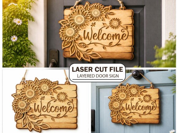 99+ Laser Cut Wood Projects To Sell From Home 292 Laser cut wooden welcome sign with floral design, suitable for home decor.