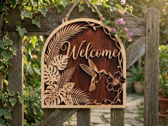 99+ Laser Cut Wood Projects To Sell From Home 289 Laser cut wooden welcome sign with floral design and hummingbird, hanging on a wooden fence.