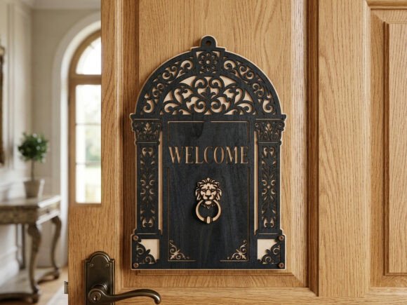 99+ Laser Cut Wood Projects To Sell From Home 291 Laser cut wooden welcome sign with ornate design and lion door knocker, mounted on a wooden door.