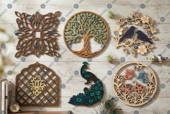 Easy Laser Cut Wood Projects To Sell On Etsy 37 Various intricate laser cut wood designs including a tree, birds, and floral patterns.