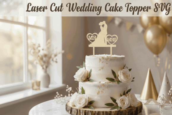 99+ Laser Cut Wood Projects To Sell From Home 195 Laser cut wedding cake topper featuring 'Mr & Mrs' on a decorated cake with flowers.