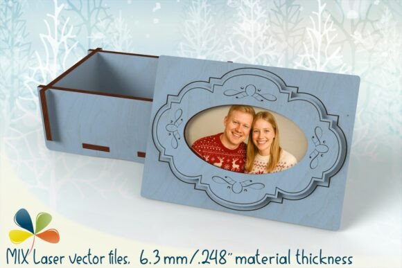 99+ Laser Cut Wood Projects To Sell From Home 466 Laser cut keepsake box with a decorative frame for a photo, showcasing personalized design potential.