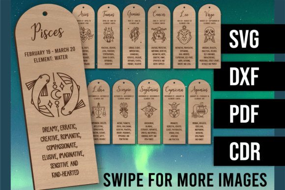 99+ Laser Cut Wood Projects To Sell From Home 98 Laser cut wooden bookmarks featuring zodiac signs and descriptions, showcasing personalized design options.