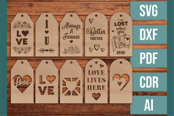 99+ Laser Cut Wood Projects To Sell From Home 143 Laser cut wood gift tags with various designs and text, including hearts and phrases about love.