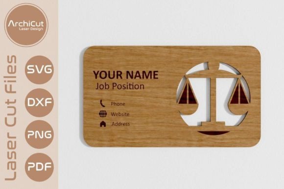 99+ Laser Cut Wood Projects To Sell From Home 233 Business card design featuring a scale symbol and customizable text for name and job position.