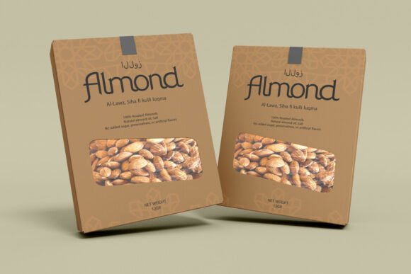 70+ Food Logo Fonts for Restaurants, Cafes, and Food Brands 75 Almond packaging design featuring a clear window and elegant typography.