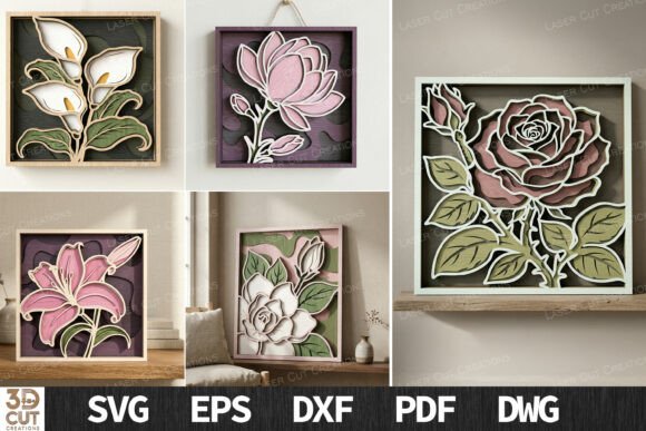 15 Laser Cut Wall Art Files for Wood and Acrylic 15 Layered floral wall art designs featuring roses and lilies in a decorative frame.