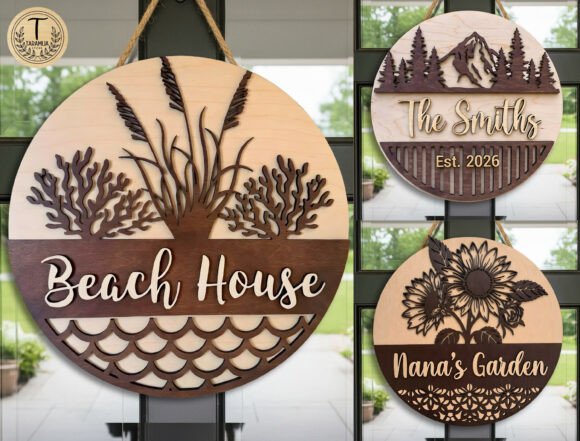 99+ Laser Cut Wood Projects To Sell From Home 293 Laser cut wood welcome signs featuring beach, family name, and garden themes.