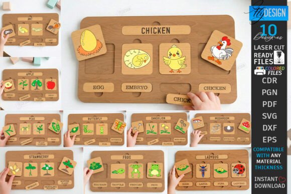 99+ Laser Cut Wood Projects To Sell From Home 329 Laser cut wood educational puzzle featuring farm animals and their life stages, designed for kids.