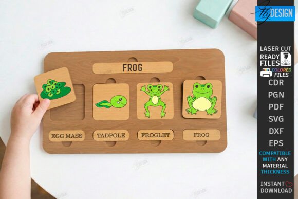 99+ Laser Cut Wood Projects To Sell From Home 332 Wooden puzzle featuring a frog theme with pieces labeled egg mass, tadpole, froglet, and frog.
