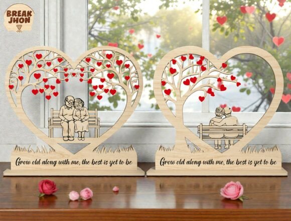 99+ Laser Cut Wood Projects To Sell From Home 205 Laser cut wood decor featuring heart-shaped designs with couples and love-themed text.