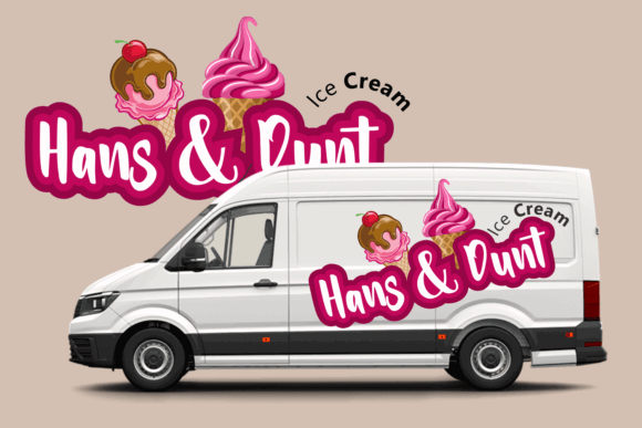 70+ Food Logo Fonts for Restaurants, Cafes, and Food Brands 81 Ice cream truck with colorful branding featuring ice cream cones and the name 'Hans & Dunt'.