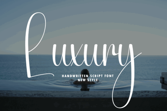 70+ Food Logo Fonts for Restaurants, Cafes, and Food Brands 69 Handwritten script font displaying the word 'Luxury' over a serene ocean view.