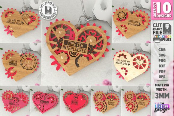 99+ Laser Cut Wood Projects To Sell From Home 49 Laser cut wooden keychains featuring heart designs with gears and engraved messages.
