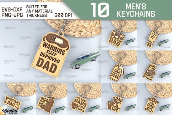99+ Laser Cut Wood Projects To Sell From Home 63 Set of laser cut wood keychains with humorous messages for dads, showcasing various designs and styles.