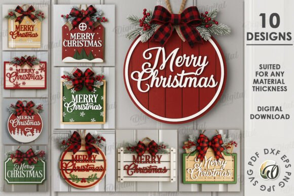 99+ Laser Cut Wood Projects To Sell From Home 426 Collection of laser cut wood Christmas signs with various designs and festive decorations.