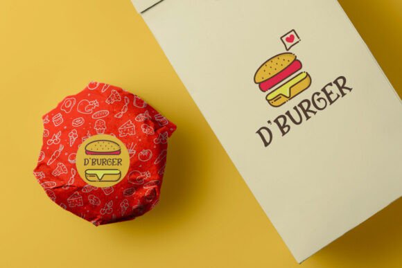 70+ Food Logo Fonts for Restaurants, Cafes, and Food Brands 52 Burger wrapped in red paper with food icons and a box featuring a burger logo.