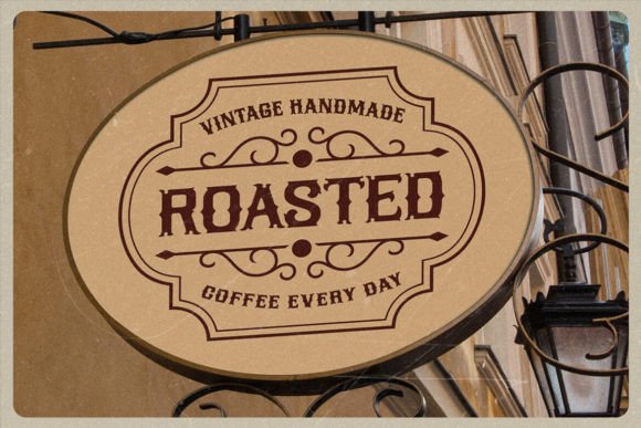 70+ Food Logo Fonts for Restaurants, Cafes, and Food Brands 133 Vintage coffee shop sign with the word 'ROASTED' prominently displayed.