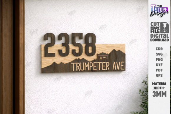 Laser Cut House Numbers: 12 Modern Address Sign Ideas 11 Modern laser cut house number sign displaying '2358 TRUMPETER AVE' with a mountain design.