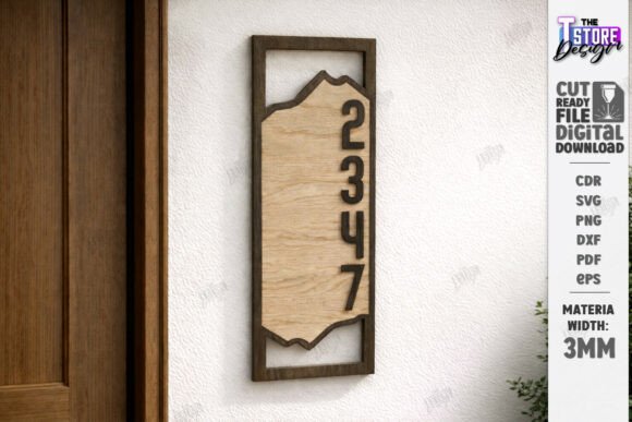 Laser Cut House Numbers: 12 Modern Address Sign Ideas 5 Modern house number sign featuring laser cut numbers 2347 on a wooden background with a decorative frame.