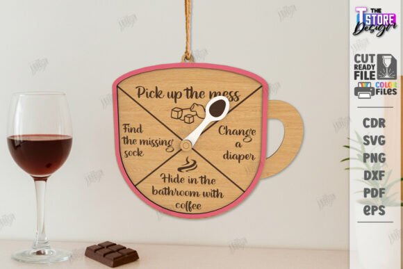 99+ Laser Cut Wood Projects To Sell From Home 17 Laser cut wooden clock in the shape of a coffee cup with humorous text and a pink border.