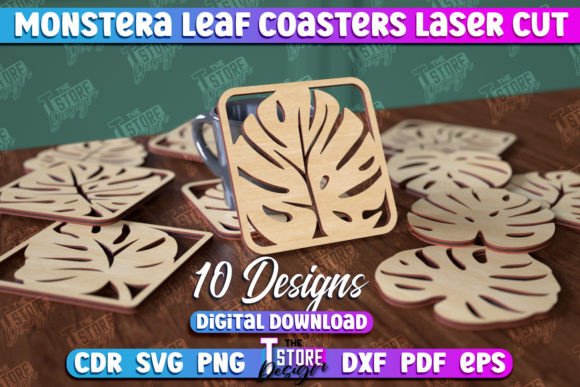 99+ Laser Cut Wood Projects To Sell From Home 36 Set of 9 laser cut wood coasters featuring Monstera leaf designs.