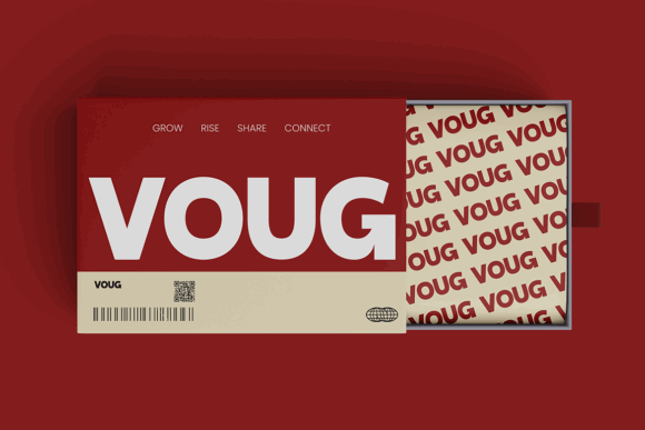 70+ Food Logo Fonts for Restaurants, Cafes, and Food Brands 174 Bold logo design featuring the word 'VOUG' on a red background.