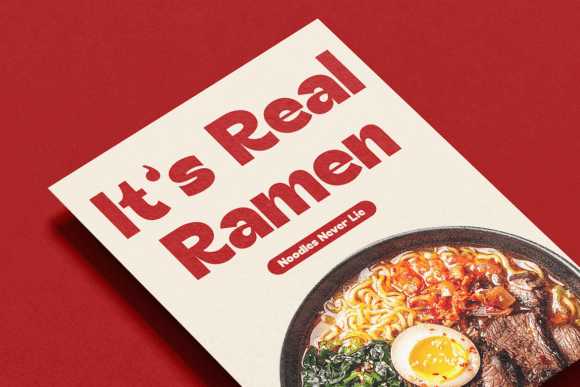 70+ Food Logo Fonts for Restaurants, Cafes, and Food Brands 41 Ramen menu design featuring bold typography on a red background.