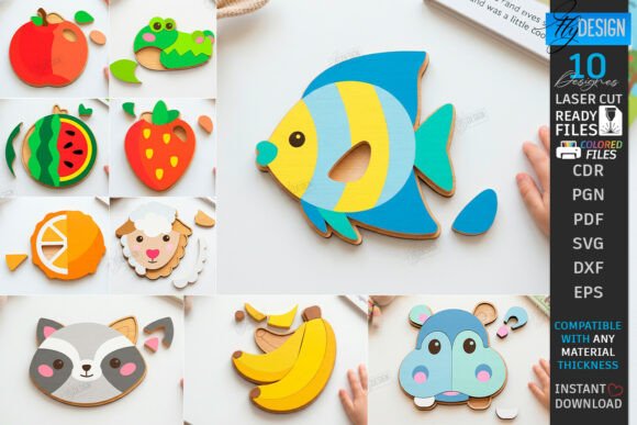 99+ Laser Cut Wood Projects To Sell From Home 320 Colorful laser cut animal and fruit puzzles for kids, showcasing various designs including a fish and a raccoon.
