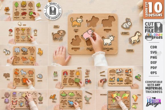 99+ Laser Cut Wood Projects To Sell From Home 302 Laser cut wooden children's puzzles featuring various animals and shapes for educational play.
