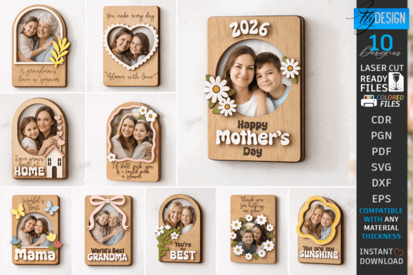 99+ Laser Cut Wood Projects To Sell From Home 356 Various laser cut wood picture frames with personalized messages for Mother's Day and family themes.