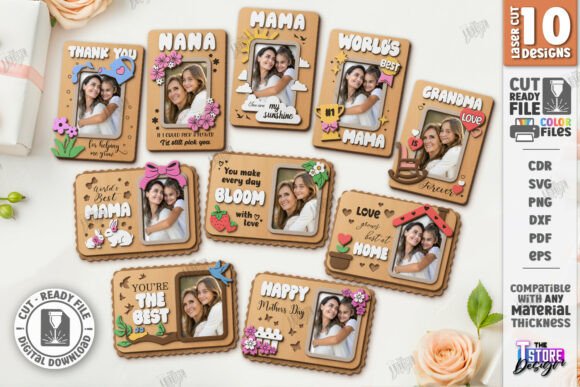 99+ Laser Cut Wood Projects To Sell From Home 363 Valentine's Day photo frames bundle featuring laser cut designs with customizable text and decorative elements.
