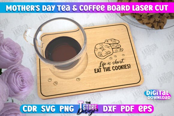 Laser Cut Products That Sell on Etsy and Make Money 23 Laser cut tea and coffee board with a cup and cookie design, ideal for Mother's Day gifts.