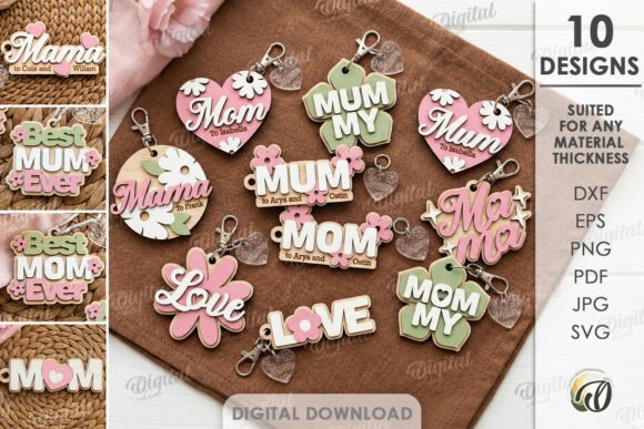 99+ Laser Cut Wood Projects To Sell From Home 55 Colorful laser cut wood keychains with various designs including 'Mama', 'Love', and 'Mum'.