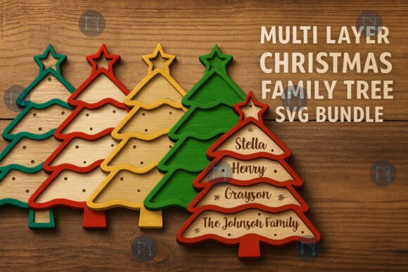 99+ Laser Cut Wood Projects To Sell From Home 425 Colorful multi-layered Christmas family tree decorations with names on wooden trees.