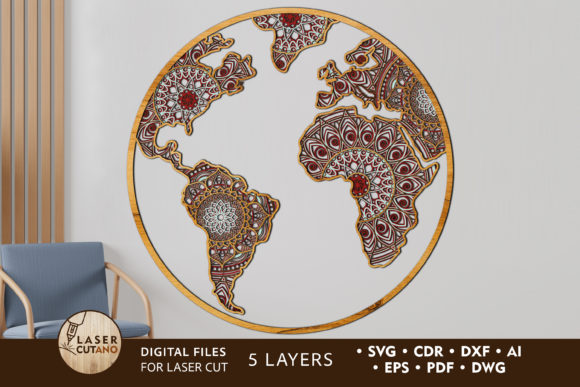 Laser Cut Products That Sell on Etsy and Make Money 44 Layered laser cut wall art depicting a world map with intricate patterns and designs.