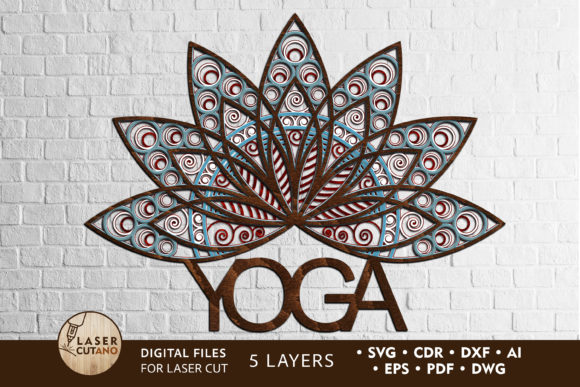 99+ Laser Cut Wood Projects To Sell From Home 222 Laser cut wood design featuring a layered lotus flower with the word 'YOGA' at the base.