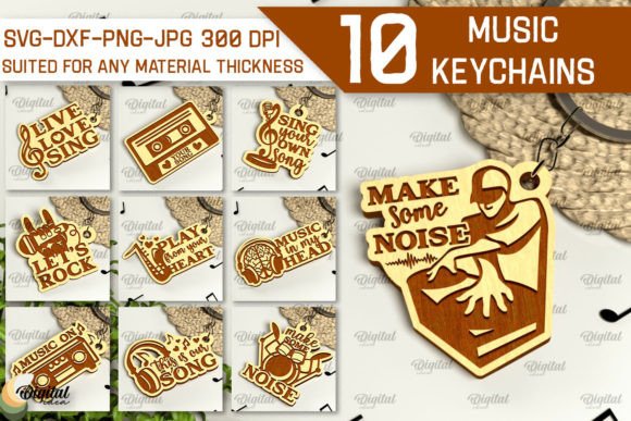 99+ Laser Cut Wood Projects To Sell From Home 70 Set of 10 laser cut wooden music-themed keychains with various designs and text.