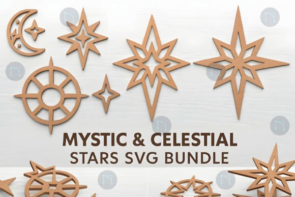 Easy Laser Cut Wood Projects To Sell On Etsy 36 Laser cut wood designs featuring celestial stars and moon shapes in a light wood finish.