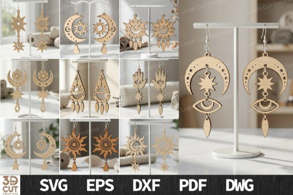 Easy Laser Cut Wood Projects To Sell On Etsy 17 Laser cut wooden earrings displayed on a stand, showcasing various intricate designs.