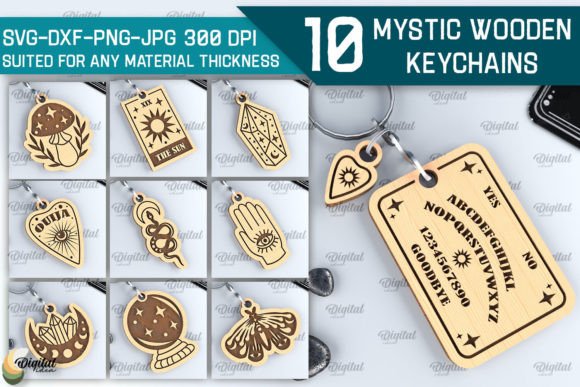 99+ Laser Cut Wood Projects To Sell From Home 52 Collection of ten mystic wooden keychains featuring various designs including celestial and symbolic motifs.